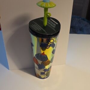 Starbucks Multicolor Tumbler with Glow In Dark Green Flying Saucer Straw Topper